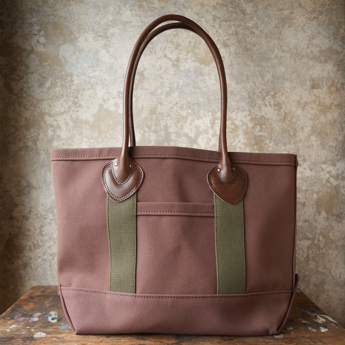 WORKERS Leather Handle Tote, Medium Bag, Brown Canvas, Long Handle
