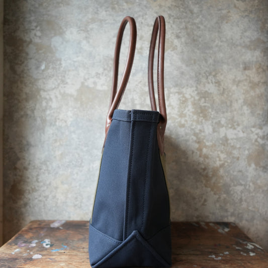 WORKERS Leather Handle Tote, Medium Bag, Navy Canvas, Long Handle