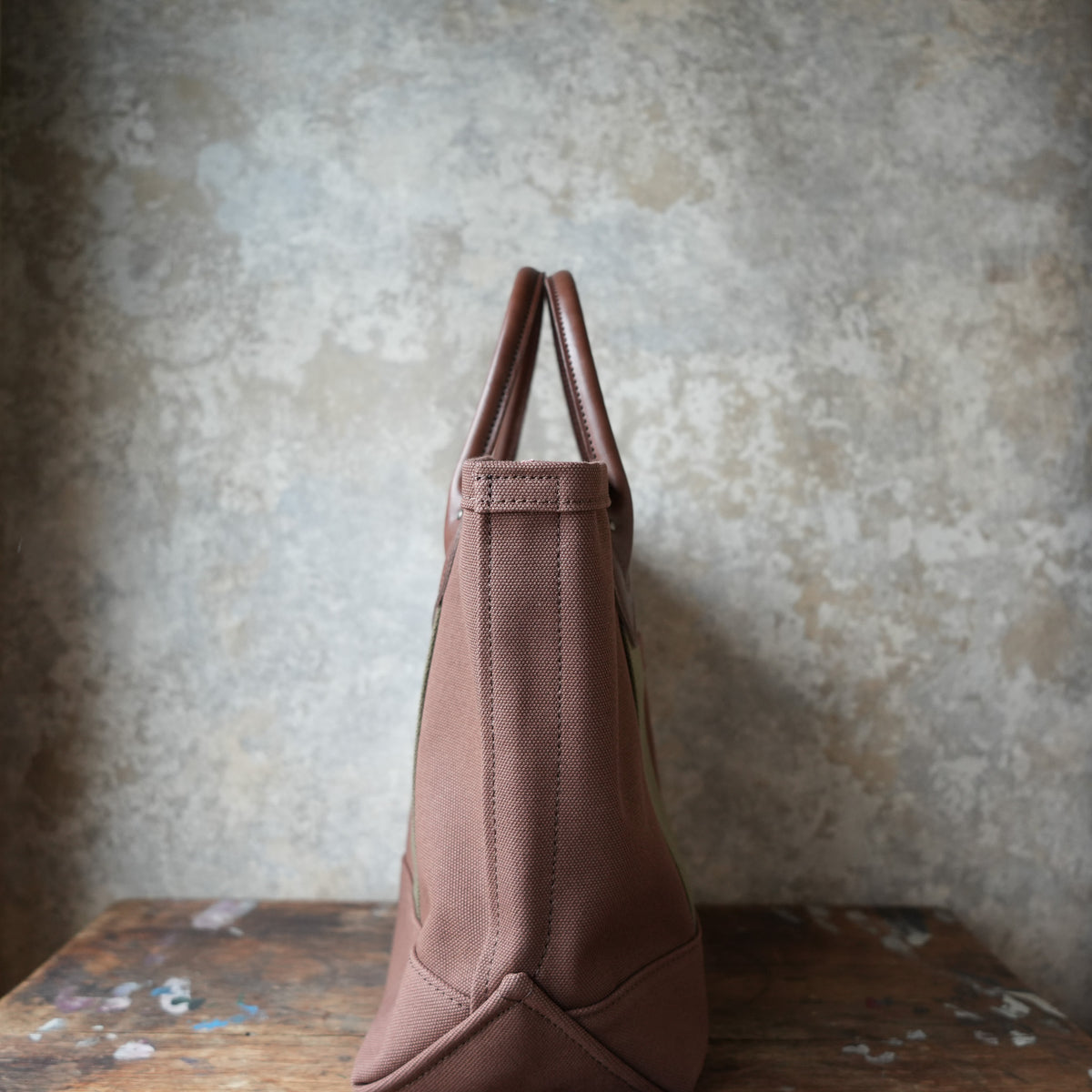 WORKERS Leather Handle Tote, Medium Bag, Brown Canvas, Short Handle