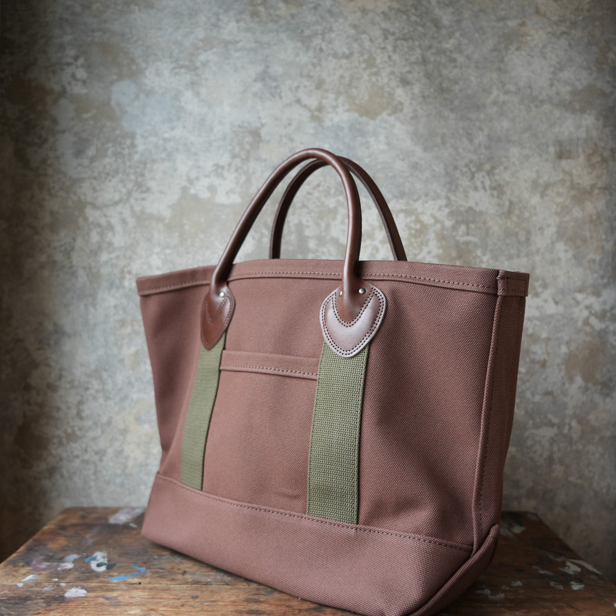 WORKERS Leather Handle Tote, Medium Bag, Brown Canvas, Short Handle
