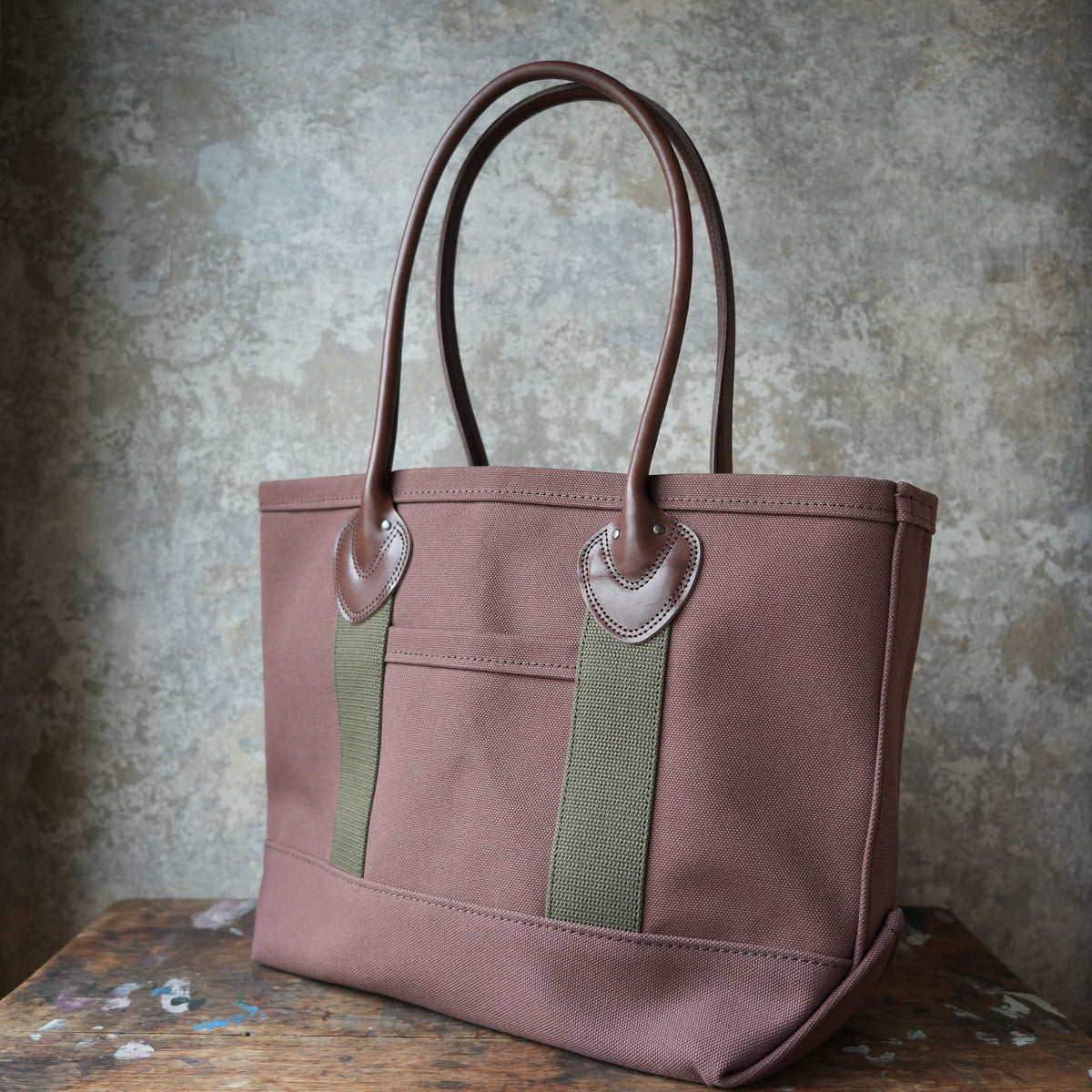 WORKERS Leather Handle Tote, Medium Bag, Brown Canvas, Long Handle