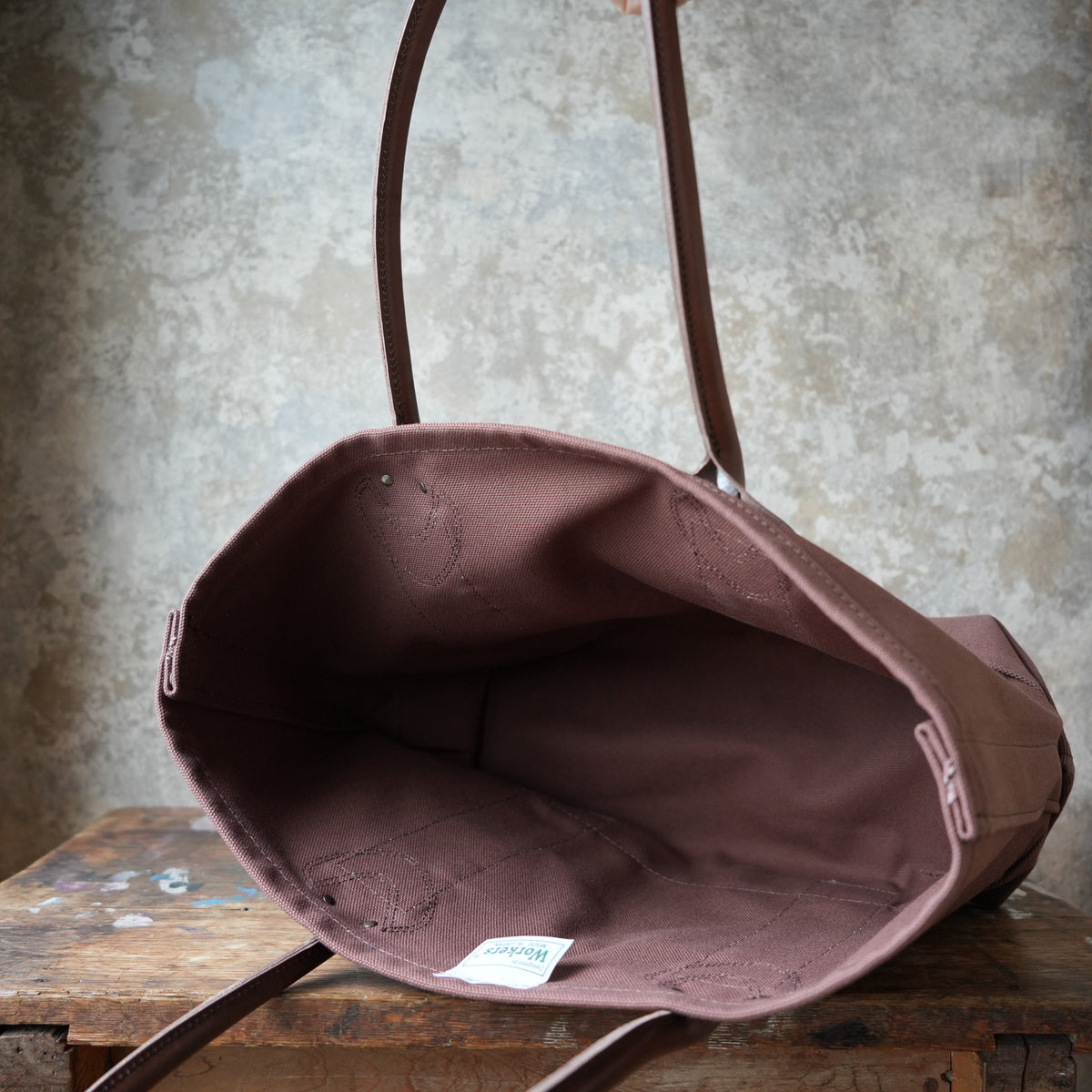 WORKERS Leather Handle Tote, Medium Bag, Brown Canvas, Long Handle
