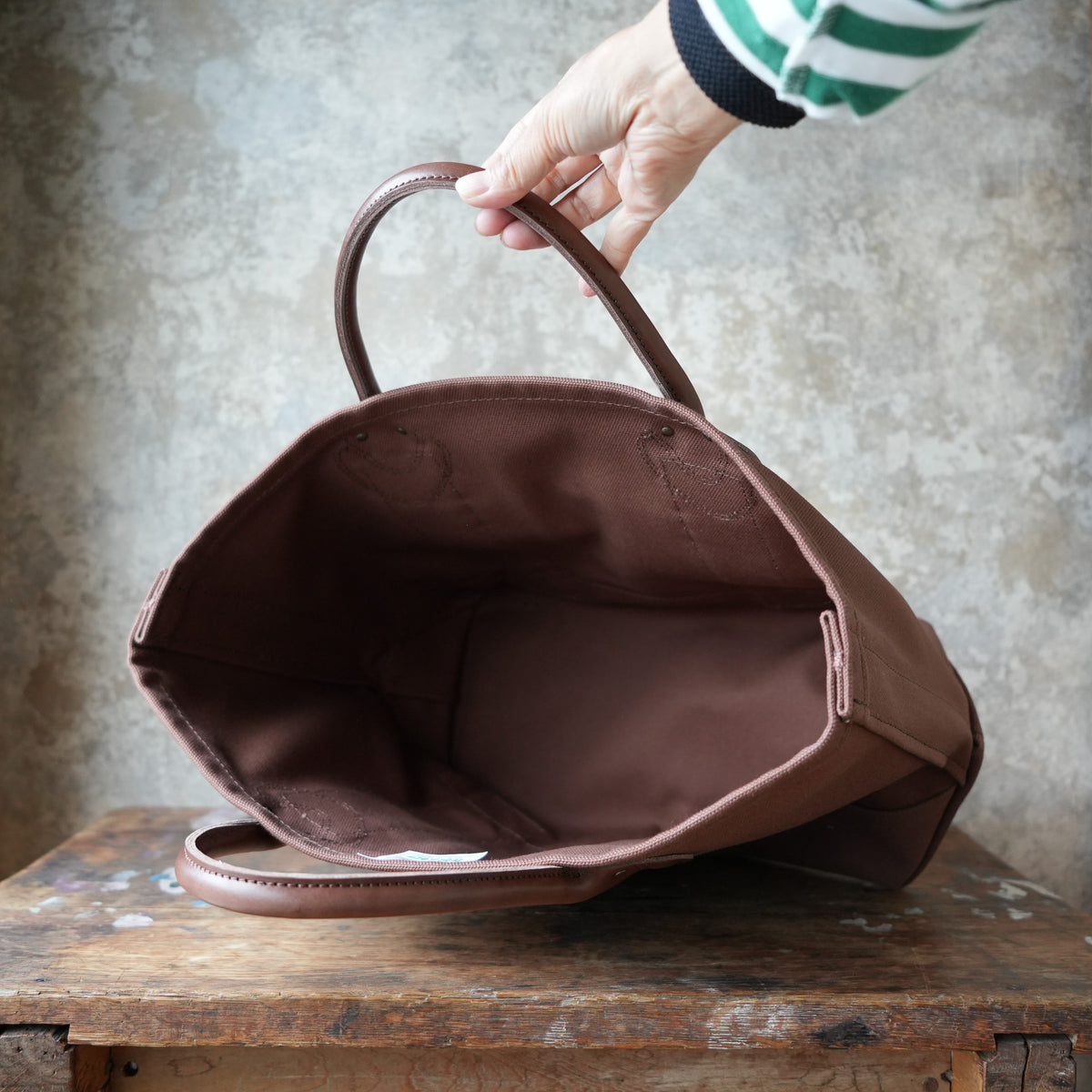 WORKERS Leather Handle Tote, Medium Bag, Brown Canvas, Short Handle