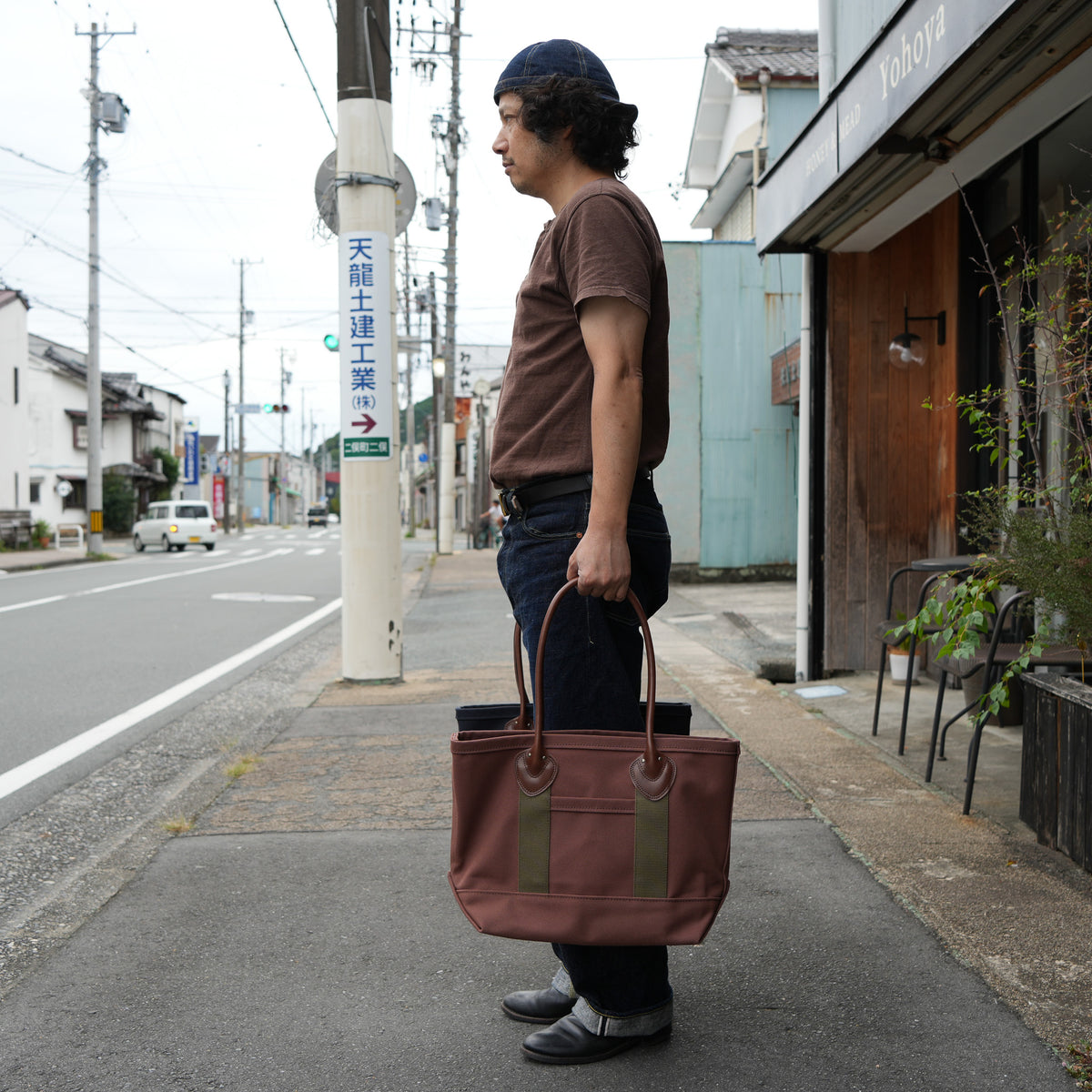 WORKERS Leather Handle Tote, Medium Bag, Brown Canvas, Long Handle