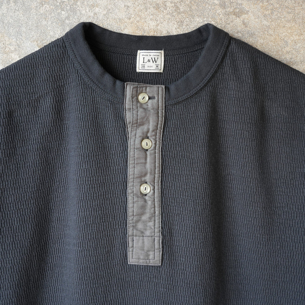 LOOP & WEFT LRH1041 SUPIMA Long Honeycomb Knit Henley Neck Thermal - Antique Black