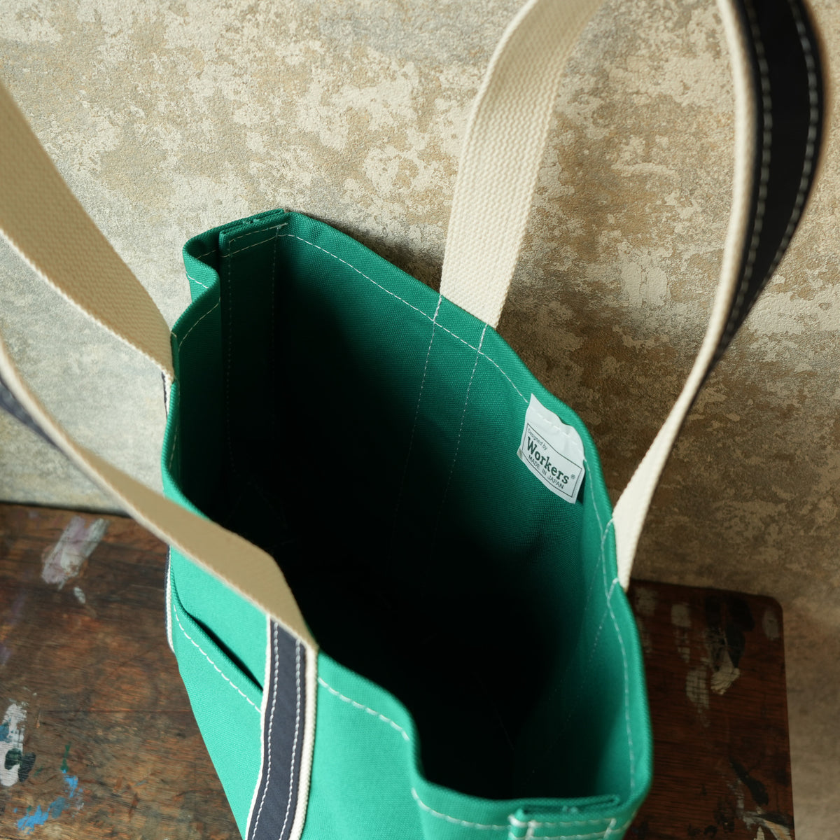 WORKERS_Deluxe Pocket Tote Bag_Green x Navy Handle_Long