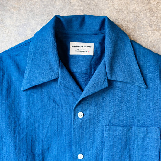 SAMURAIJEANS_SOS25-AHB_Indigo and Light Blue Herringbone Open Collar Shirt