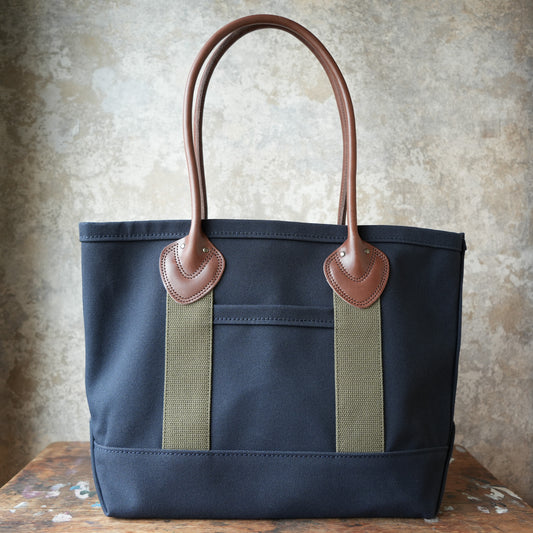 WORKERS Leather Handle Tote, Medium Bag, Navy Canvas, Long Handle