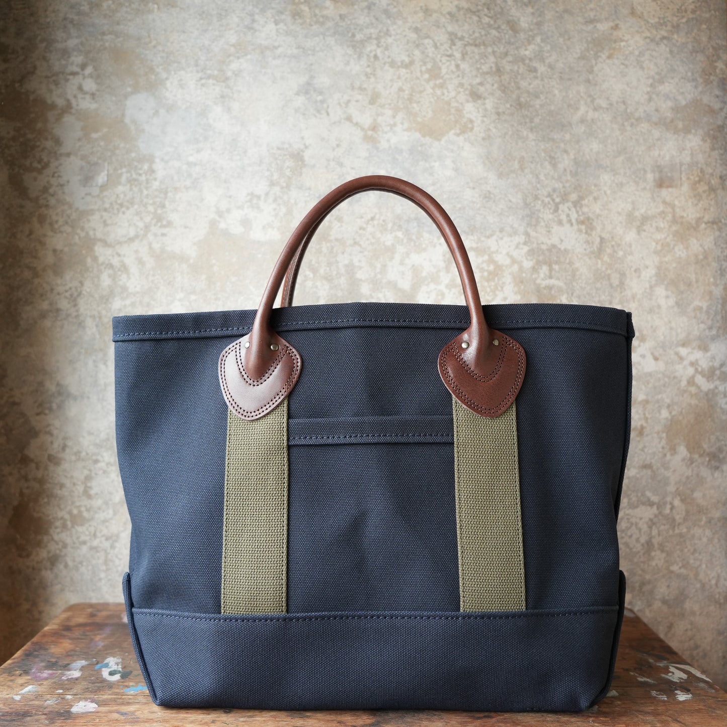 WORKERS_Leather Handle Tote_Medium Bag_Navy Canvas_Short Handle