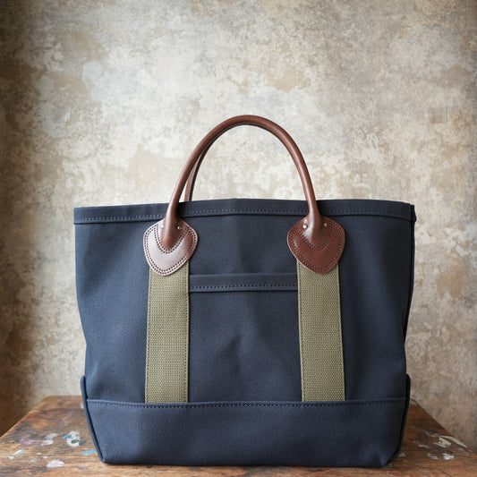 WORKERS Leather Handle Tote, Medium Bag, Navy Canvas, Short Handle