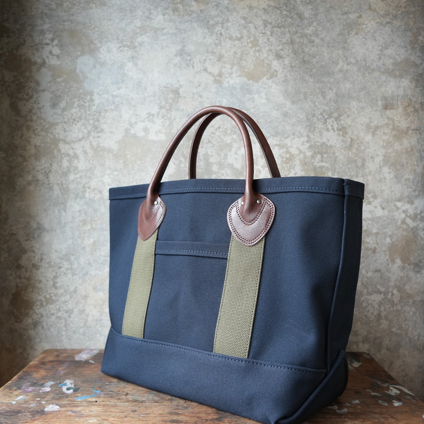 WORKERS_Leather Handle Tote_Medium Bag_Navy Canvas_Short Handle
