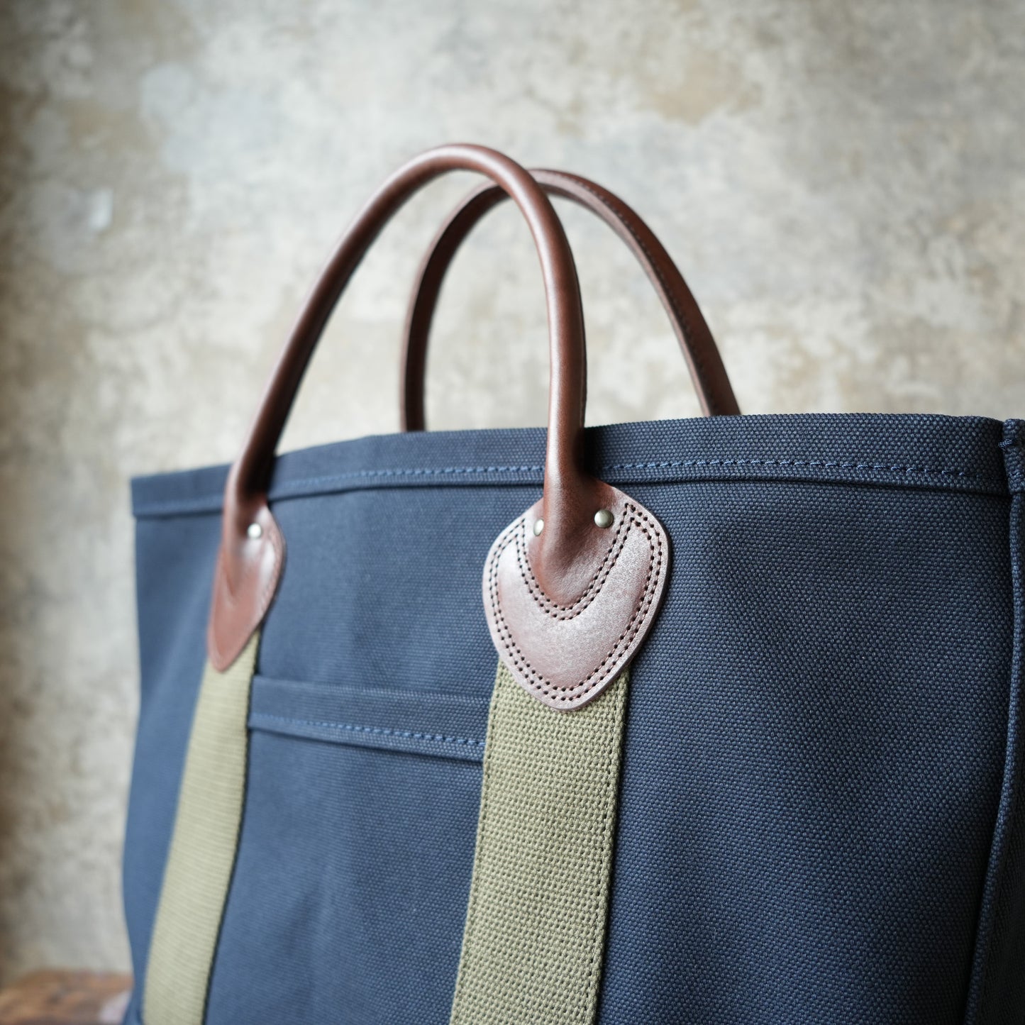 WORKERS_Leather Handle Tote_Medium Bag_Navy Canvas_Short Handle