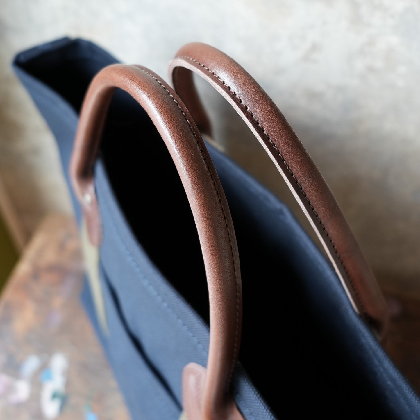 WORKERS_Leather Handle Tote_Medium Bag_Navy Canvas_Short Handle