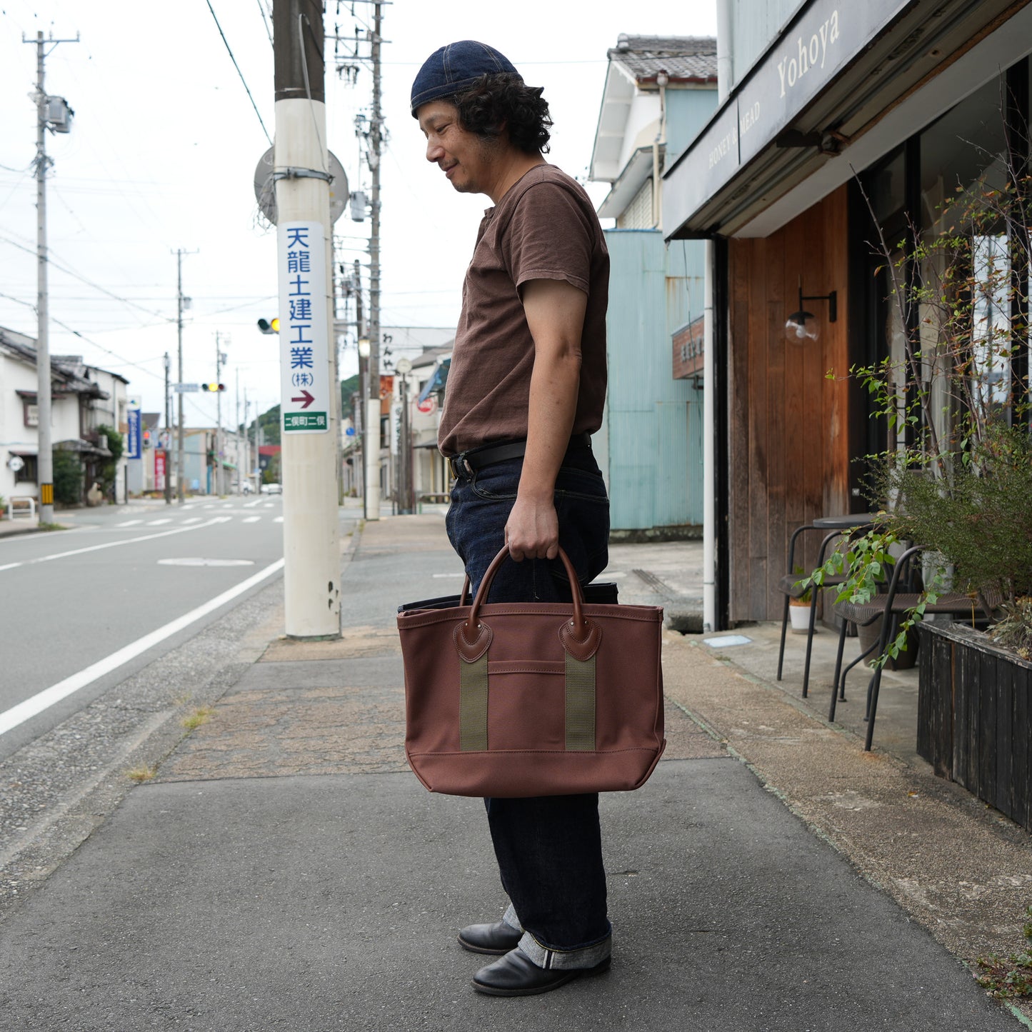 WORKERS_Leather Handle Tote_Medium Bag_Brown Canvas_Short Handle