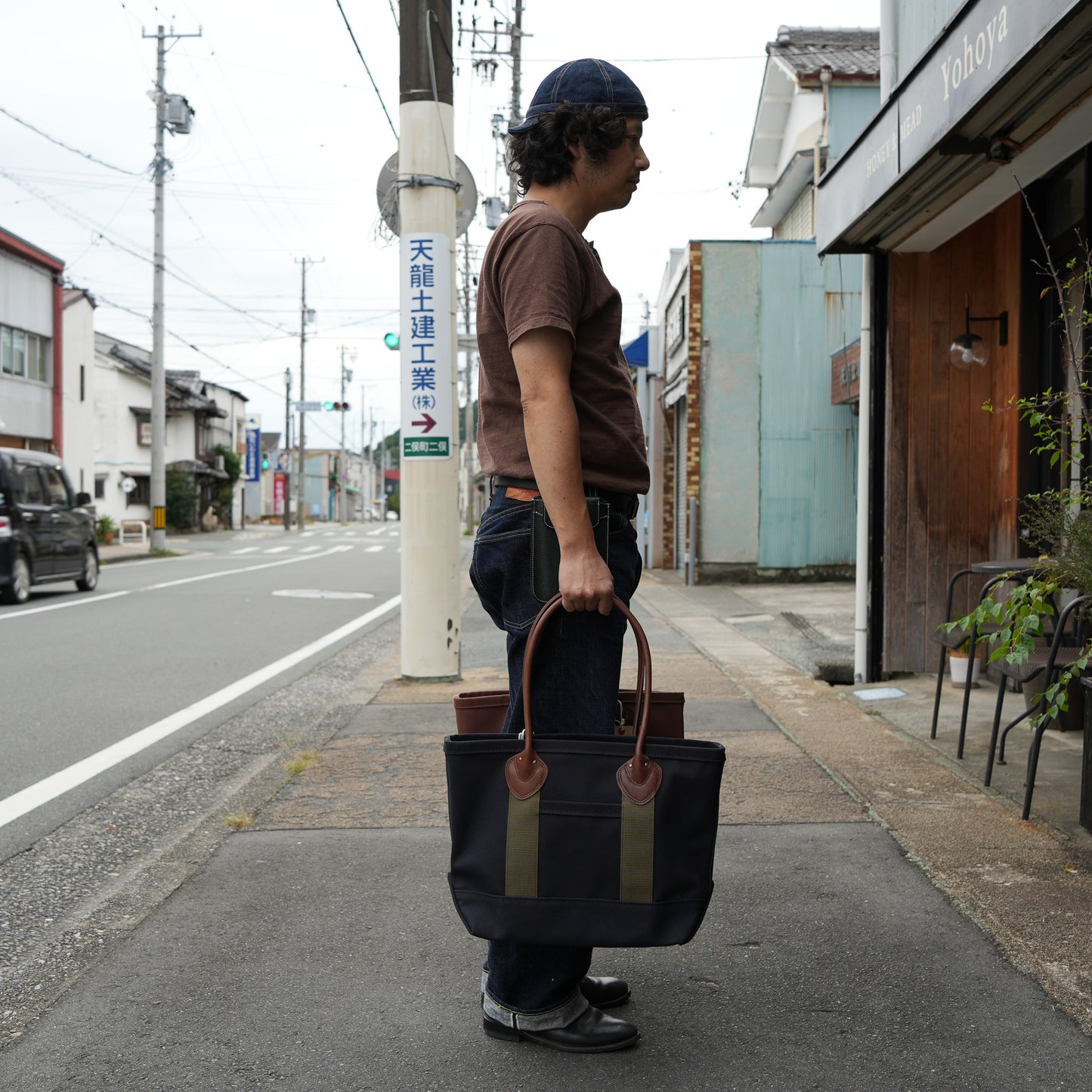 WORKERS_Leather Handle Tote_Medium Bag_Navy Canvas_Long Handle