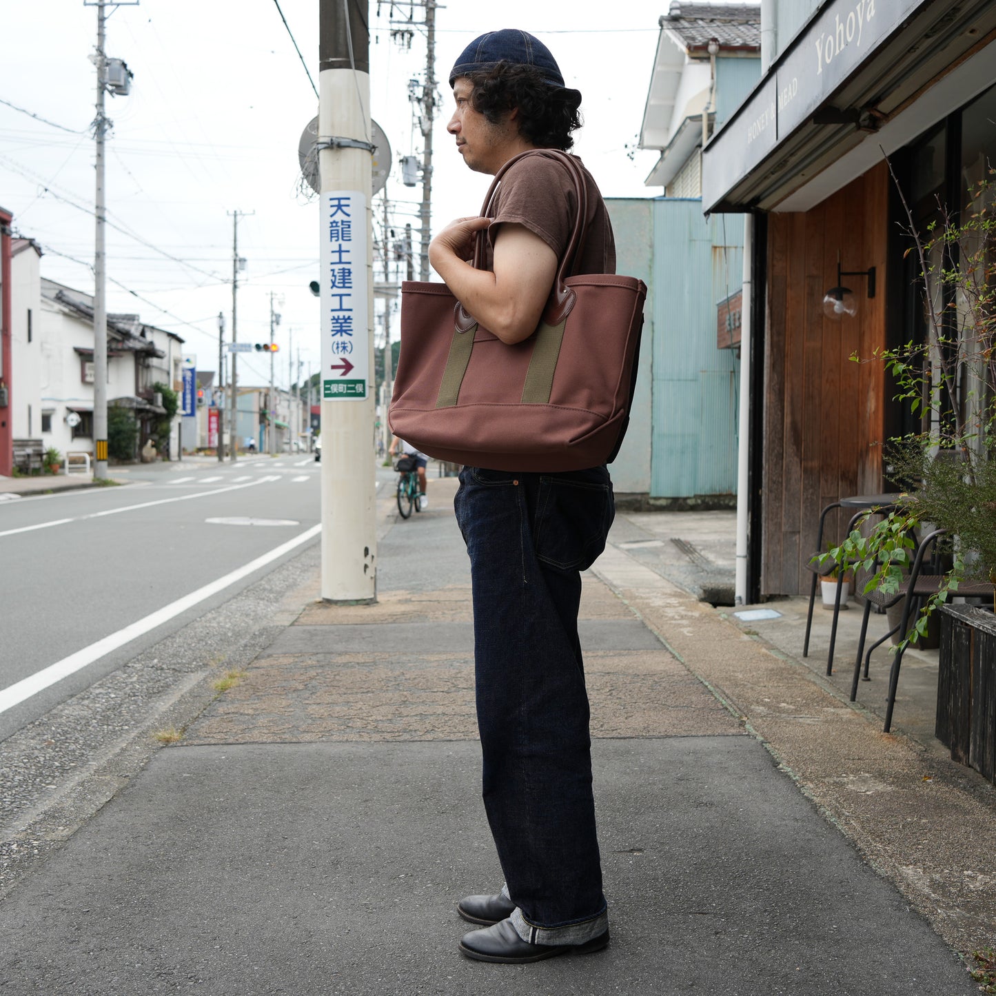 WORKERS_Leather Handle Tote_Medium Bag_Brown Canvas_Long Handle