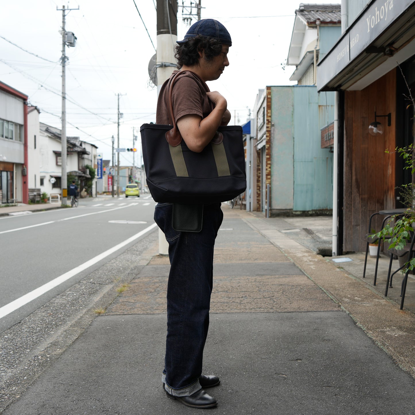 WORKERS_Leather Handle Tote_Medium Bag_Navy Canvas_Long Handle