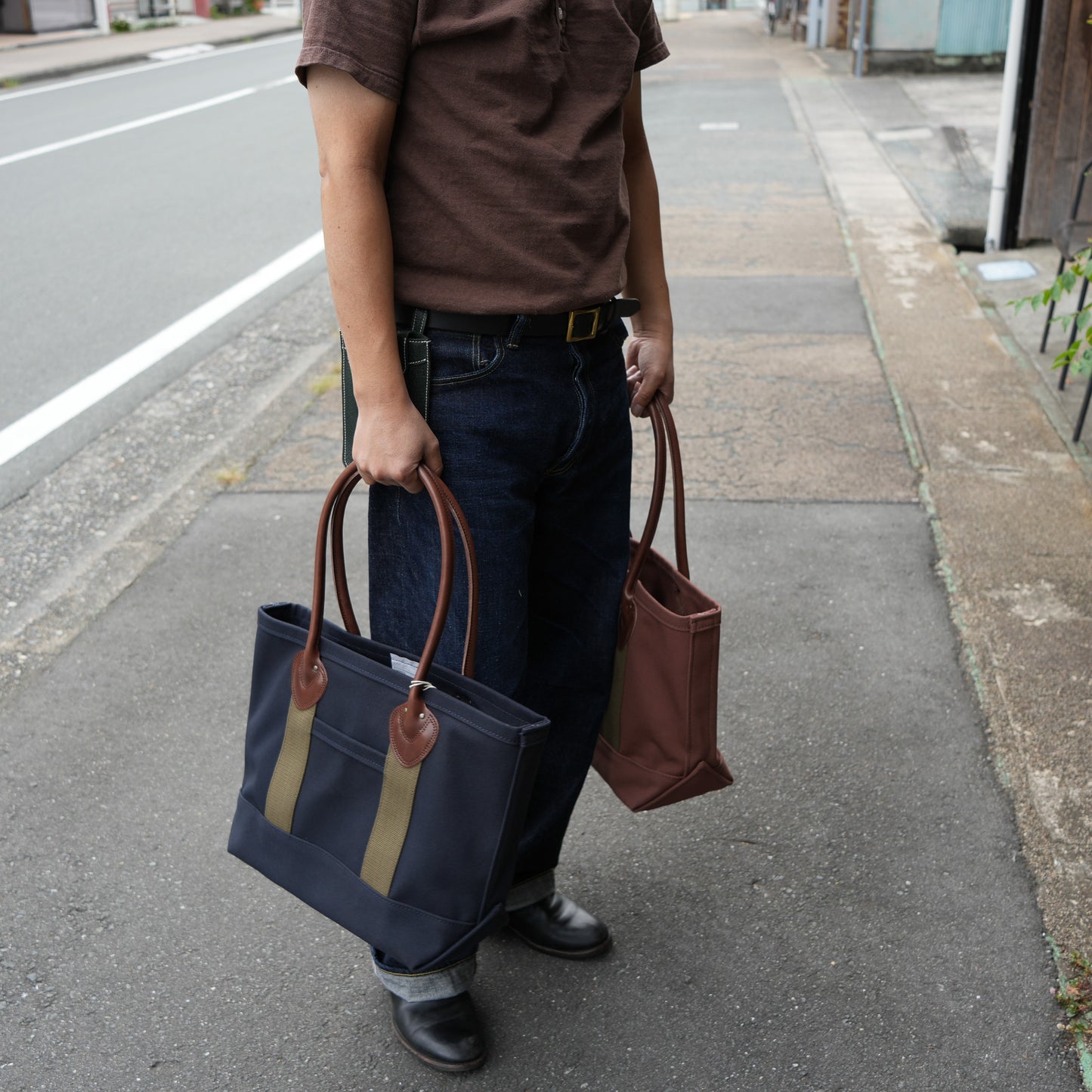 WORKERS_Leather Handle Tote_Medium Bag_Navy Canvas_Long Handle
