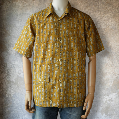 WORKERS_Open Collar Shirt, Fish Block Print
