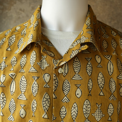 WORKERS_Open Collar Shirt, Fish Block Print