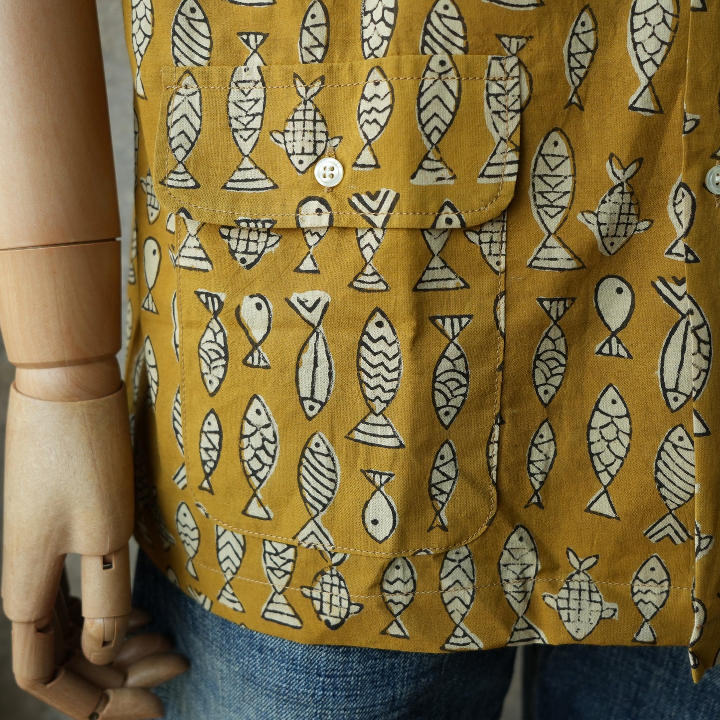 WORKERS_Open Collar Shirt, Fish Block Print