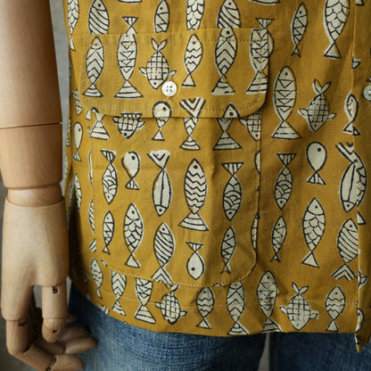 WORKERS_Open Collar Shirt, Fish Block Print