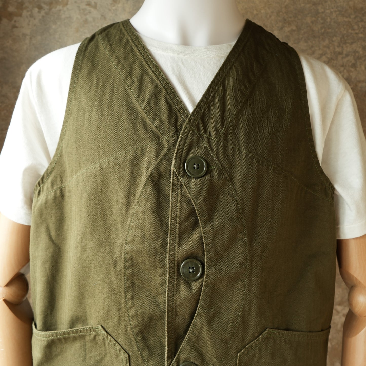 TCB Jeans_Huntsman Vest_Neppy Green Herringbone