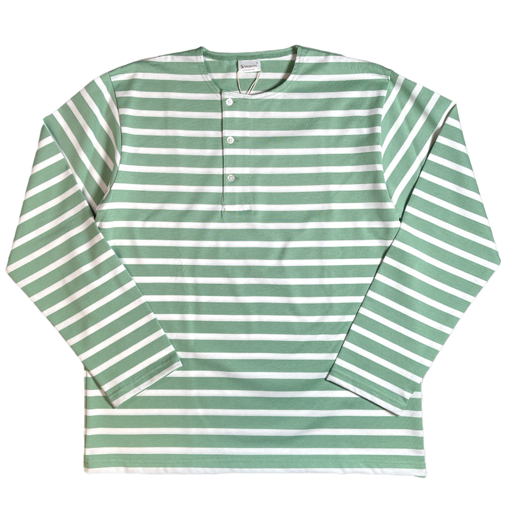 WORKERS_Border Henley_Long Sleeve_Opal Green x White